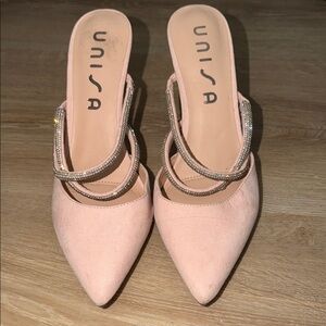 Unisa Blush Pink Pointed Toe Rhinestone Strap Mules